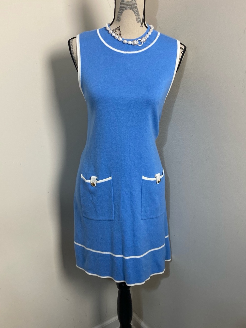 Women’s Blue Sleeveless Knit Pocket Over the Knee Dress with White Trim